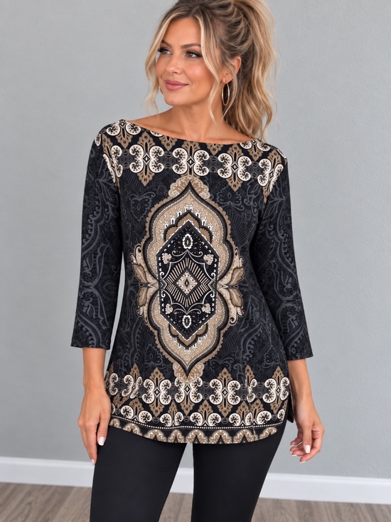 Charter Club Tops - Charter Club Paisley Medallion Placement Print Boatneck Tunic Top Petite Large